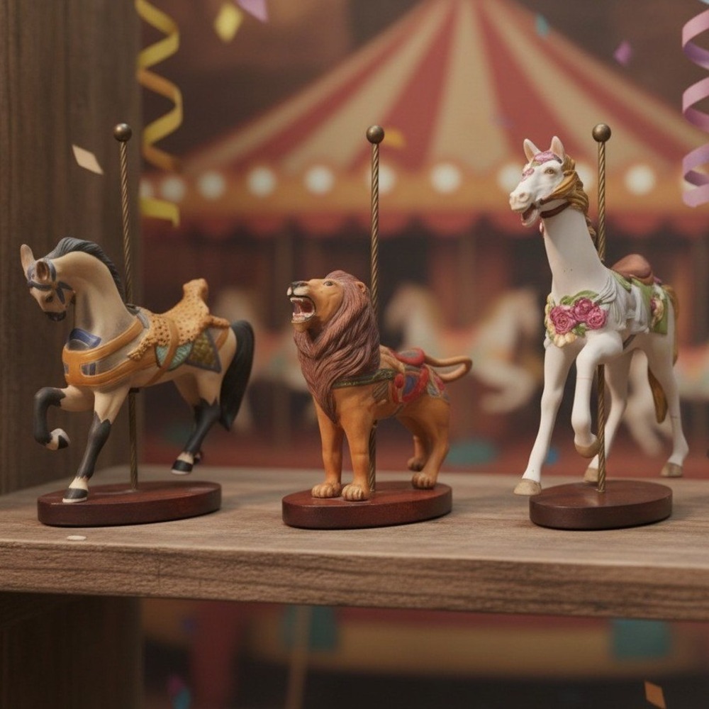 Franklin Mint Carousel Art Figurines, Set of 3 Repaired Pieces, Horse‎ & Lions